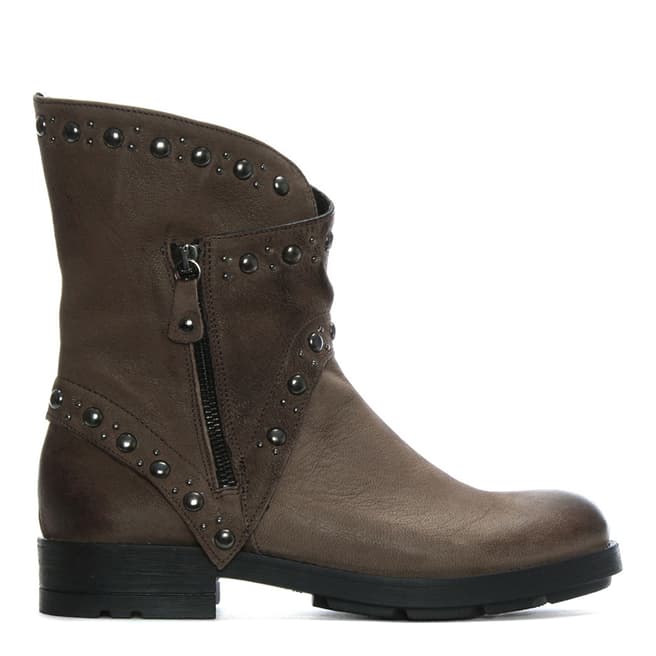 Morichetti Taupe Leather Studded Biker Boots