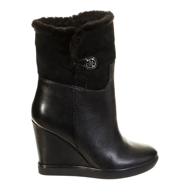 Guess Black Leather Faux Fur Lined Wedge Boots