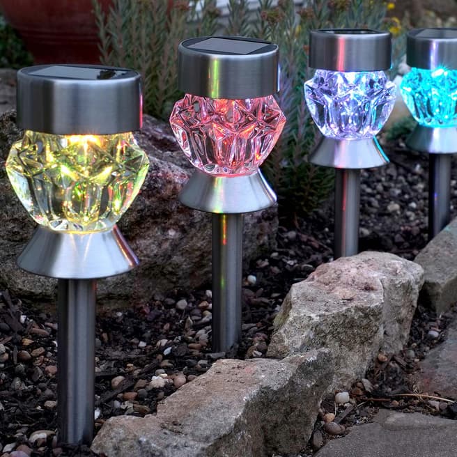Smart Solar Set of 4 Stainless Steel Crystal Glass LED Stake Lights