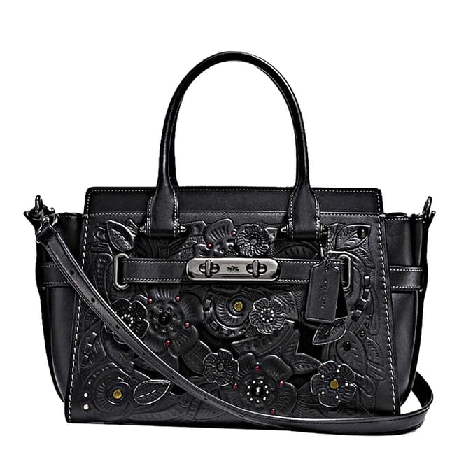 Coach Black Tea Rose Leather Tooling With Applique  Swagger Bag
