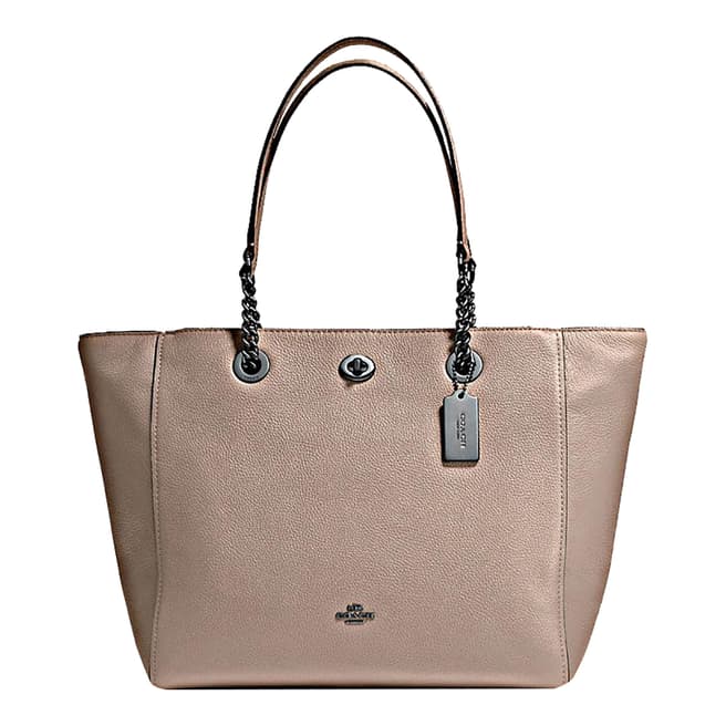 Coach Beige Polished Pebble Leather Turnlock Chain Tote
