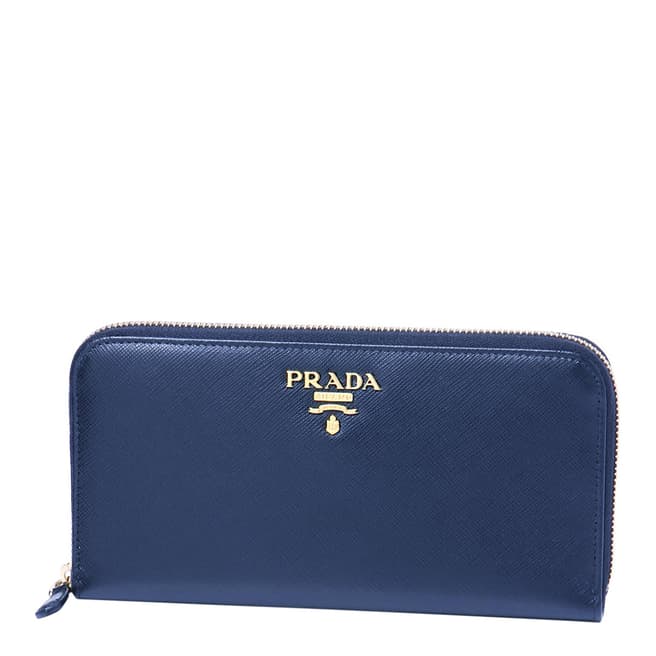 Prada Blue Saffiano Shine Zip Around Wallet In Calf Leather