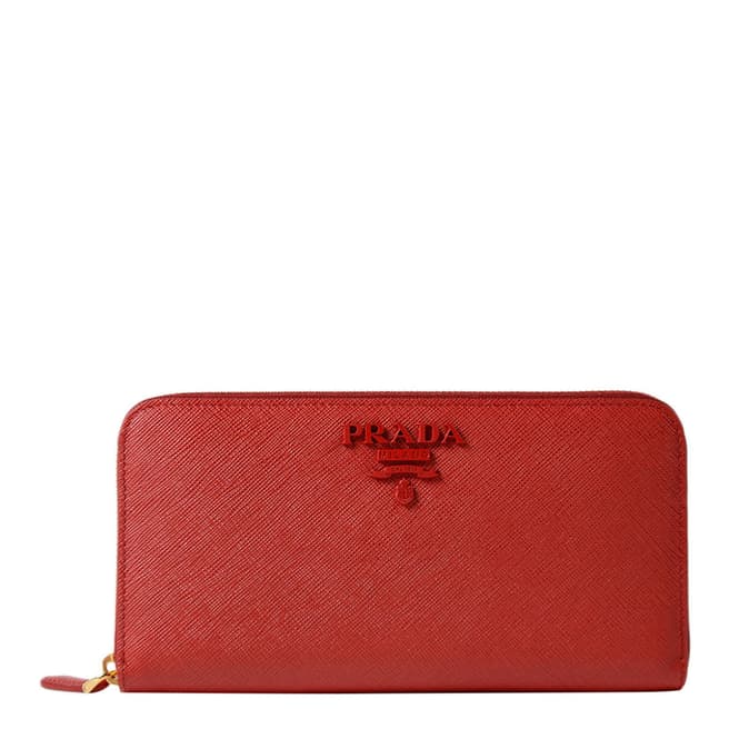 Prada Red Saffiano Shine Zip Around Wallet In Calf Leather