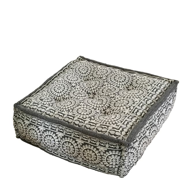 Bombay Duck Grey/White Souk Embroidered Pouffe 62x62cm