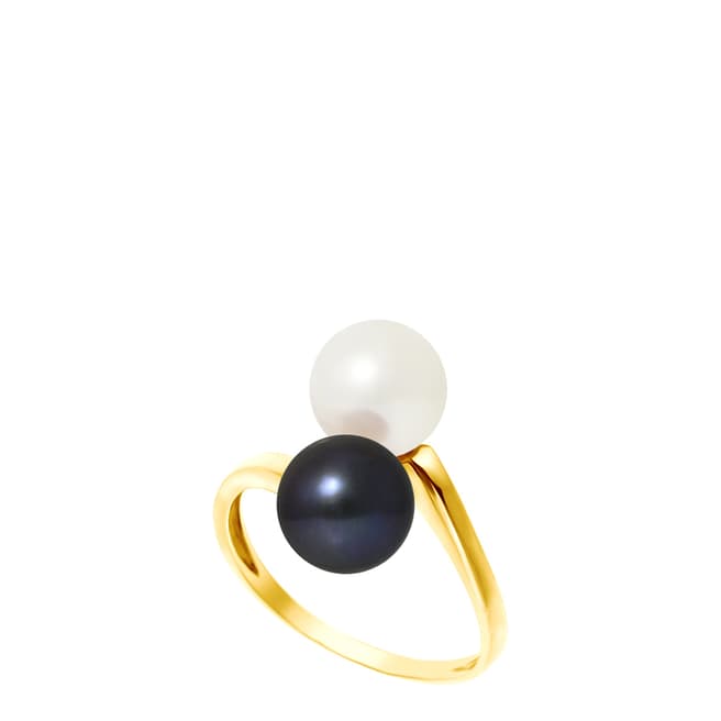 Manufacture Royale Yellow Gold Ring with 2 Natural/Black Freshwater Pearls 7-8 mm