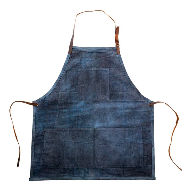 Nkuku Indigo Blue/Brown Leather Artisan Canvas Apron, 48 x 65cm