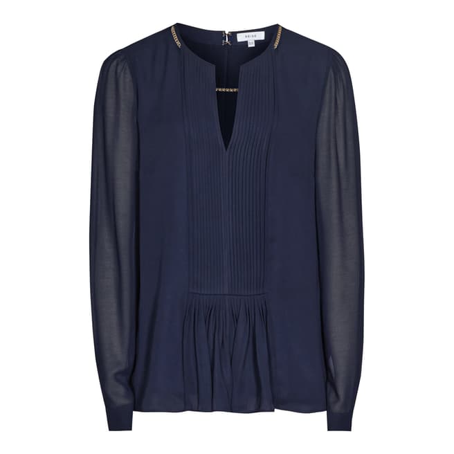 Reiss Navy Inda Pleated Chain Neck Blouse