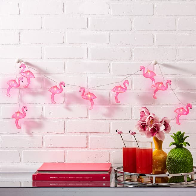 Two's Company Pink Flamingo Flock LED String Lights