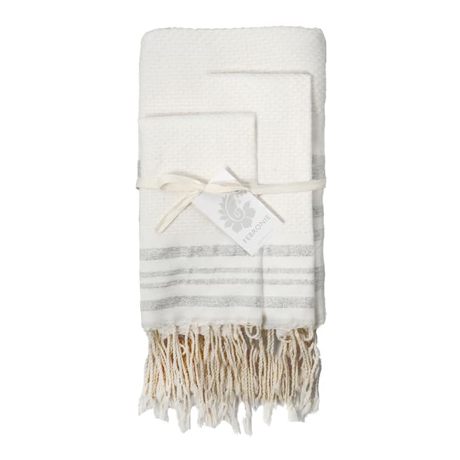 Febronie Hamptons Set of 3 Bathroom Hammam Towels, White/Silver