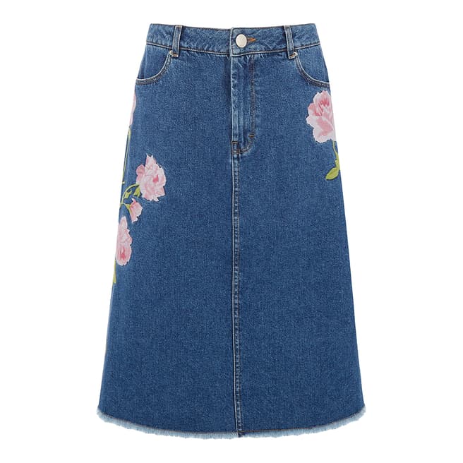 Warehouse Mid Wash Denim Embroidered Denim Skirt