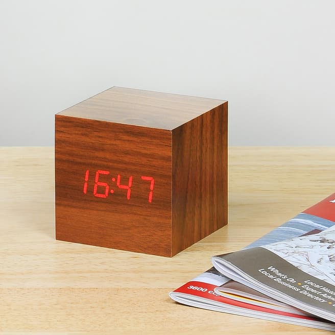 Gingko Walnut Cube Click Clock with Red LED