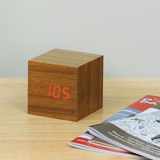 Gingko Teak Cube Click Clock with Red LED