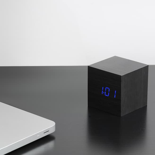 Gingko Black Cube Click Clock with Blue LED