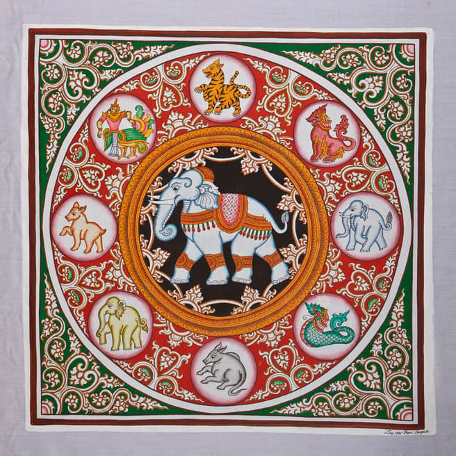 Eastern Treasures Original Burmese Sand Painting - Elephant & Signs of the Zodiac