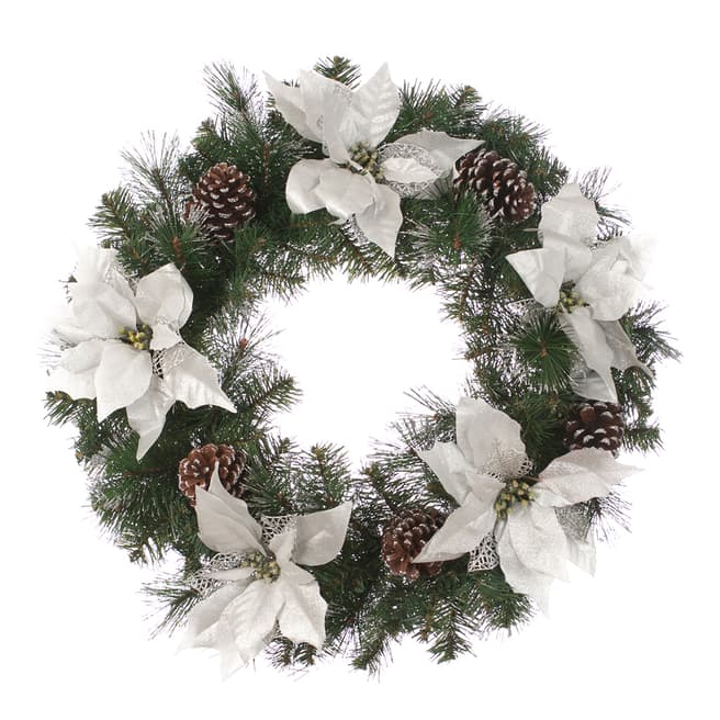 Festive Silver Poinsettia & Pinecone Wreath 60cm