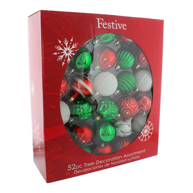 Festive Set of 52 Red/White/Green Baubles