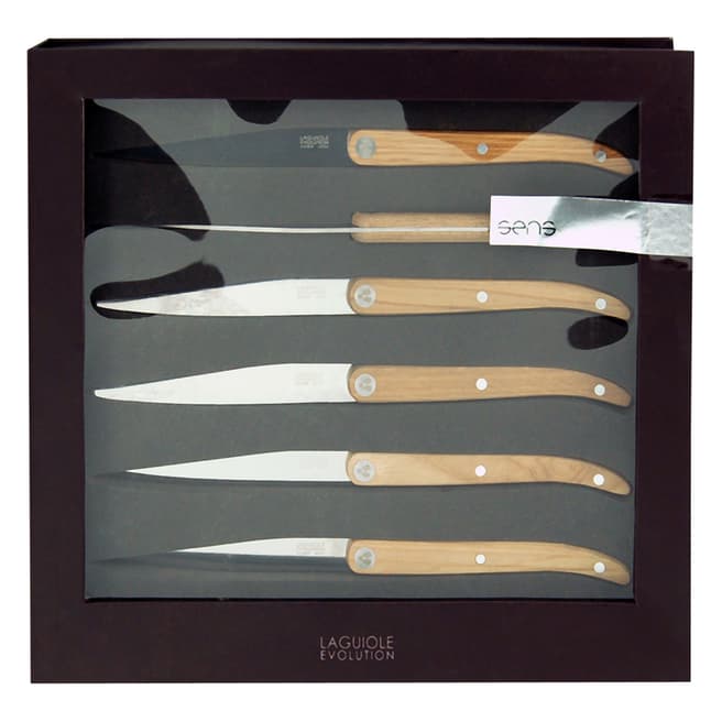Laguiole Set of 6 Knives, Stainless Steel with Natural Wooden Handles