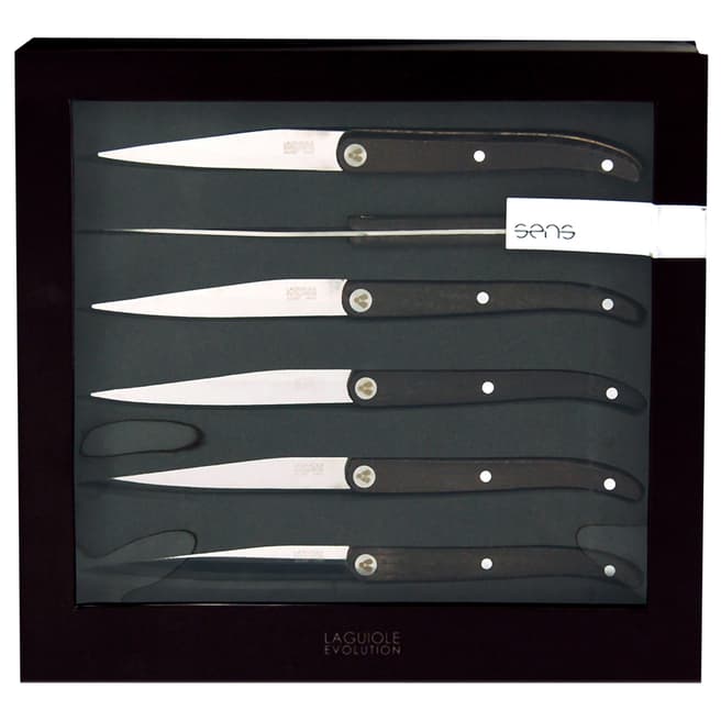 Laguiole Set of 6 Knives, Stainless Steel with Black Wooden Handles