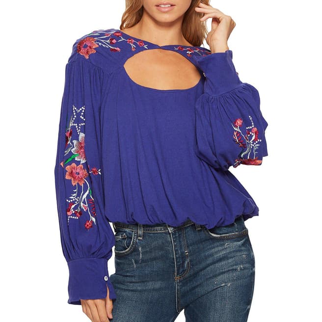Free People Blue Lita Embroidered Bell Sleeve Top