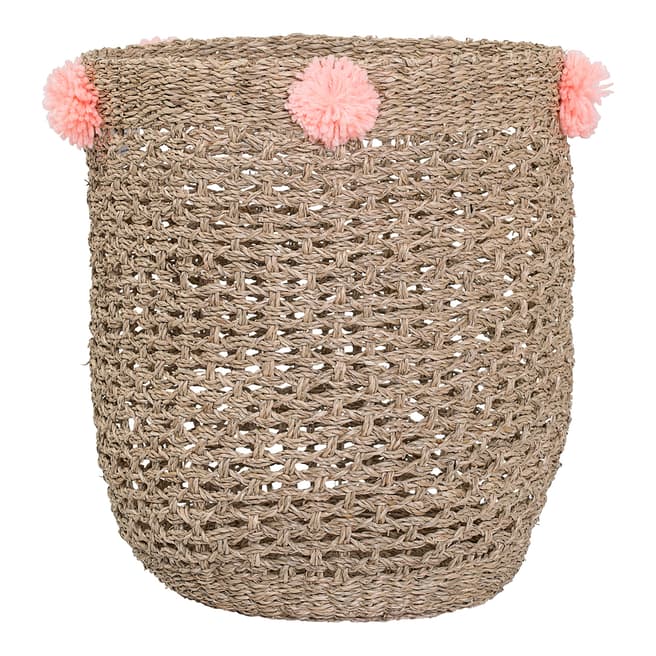 Bloomingville Natural/Pink Pom Pom Seagrass Basket