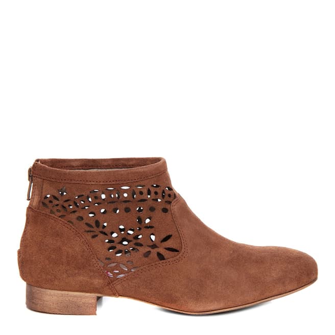 Eye Cognac Brown Suede Floral Cut Out Ankle Boot