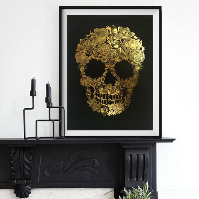 Hoxton Art House Flower Skull, Gold Leaf Paper Print, 30x42cm