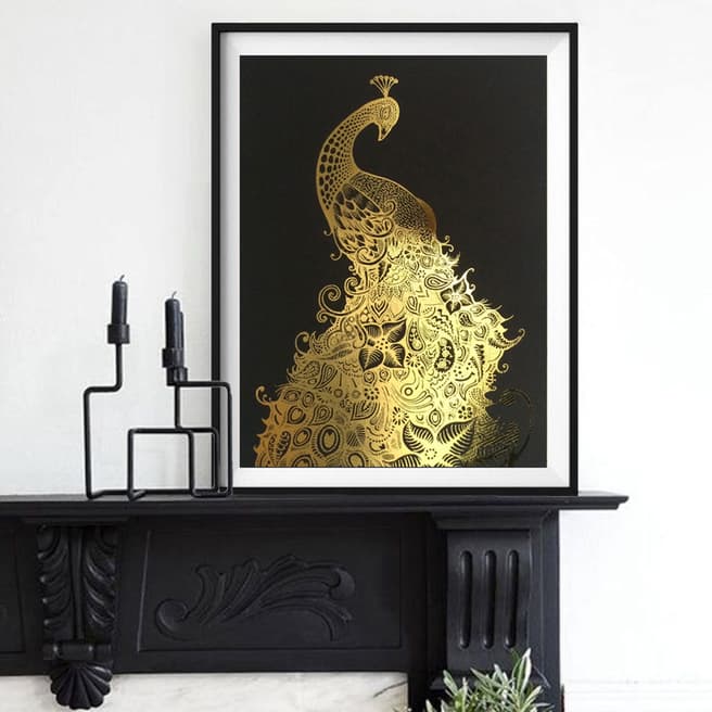 Hoxton Art House Golden Peacock, Gold Leaf Paper Print, 30x42cm