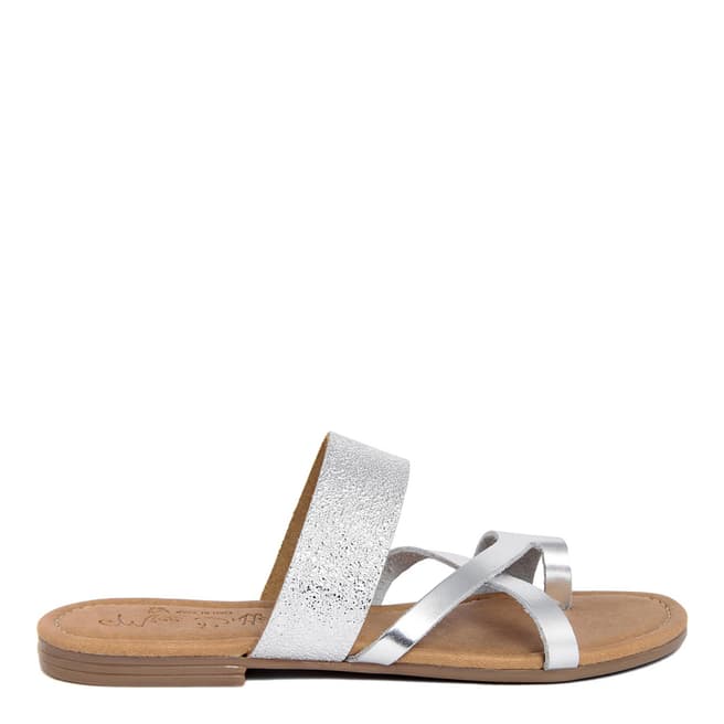 Miss Butterfly Metallic Cracked  Silver Leather Multi Strap Slide