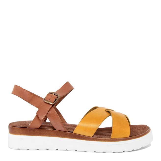 Julie Julie Yellow & Brown Leather Contrast Cross Strap Sandals