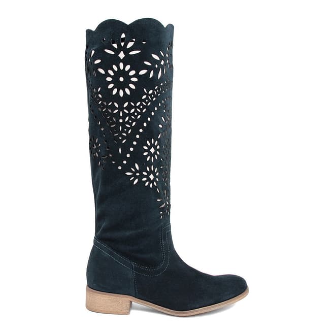 Giorgio Picino Dark Turquoise Perforated Paisley Suede Calf Boots
