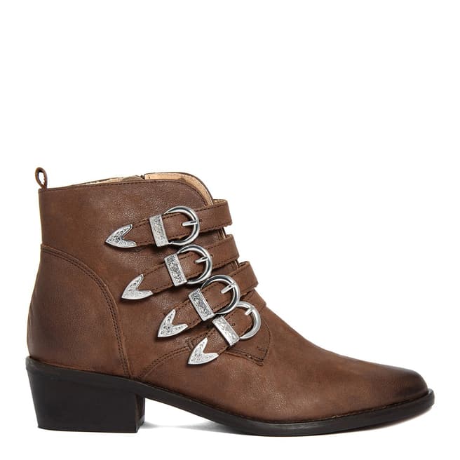 EJE Brown Leather Buckle Western Ankle Boots