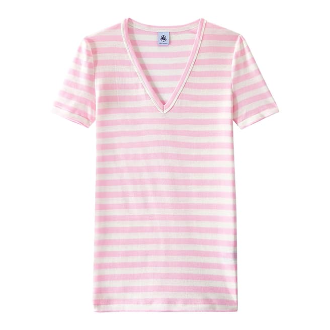 Petit Bateau Pink/White Striped Original Rib V Neck T-Shirt