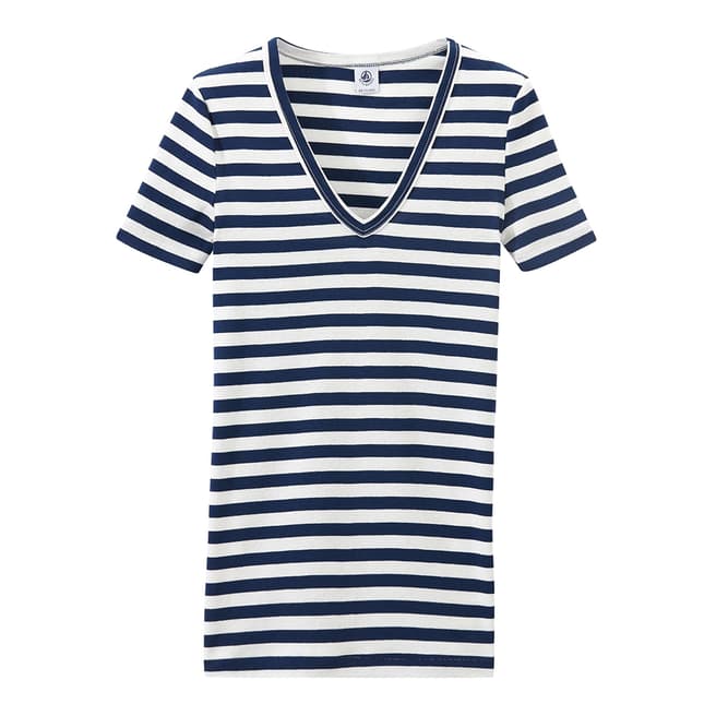 Petit Bateau Navy/White Striped Original Rib V Neck T-Shirt