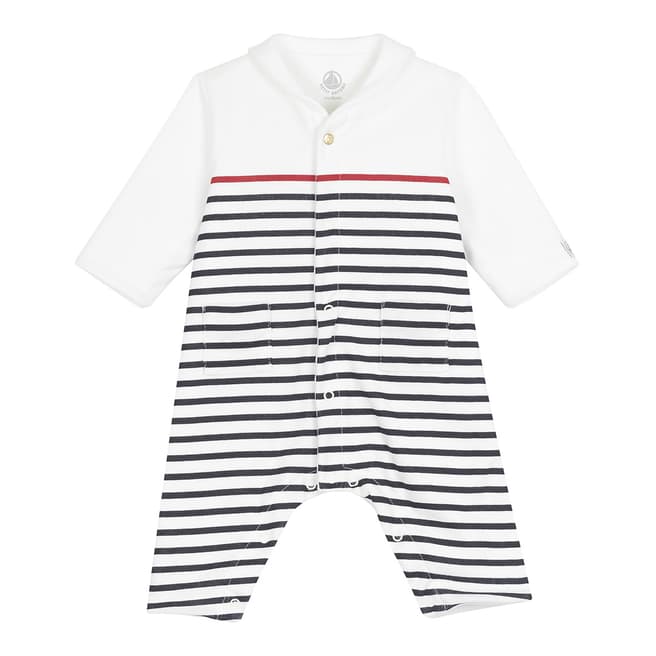 Petit Bateau Baby Boy's Navy/Red Striped Coverall With Pea Jacket Collar