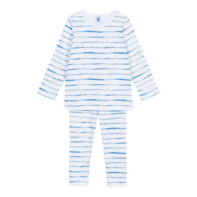 Petit Bateau Blue Pyjamas In A Striped And Polka-Dot Double Knit