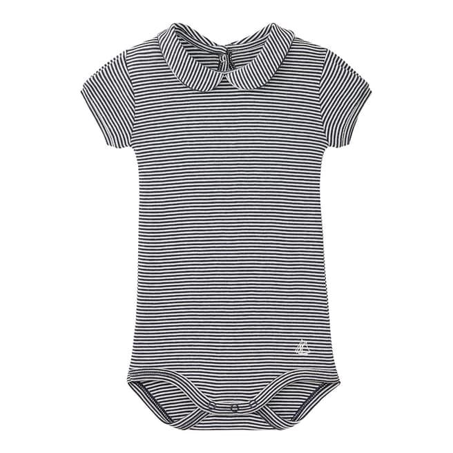 Petit Bateau Baby Girl's Navy/Cream Striped Bodysuit With Collar