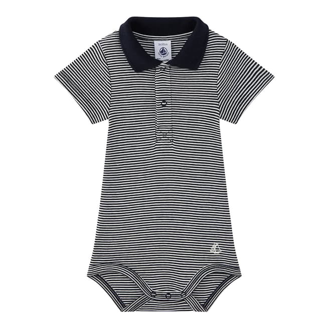 Petit Bateau Baby Boy's Navy/Cream Striped Bodysuit With Collar