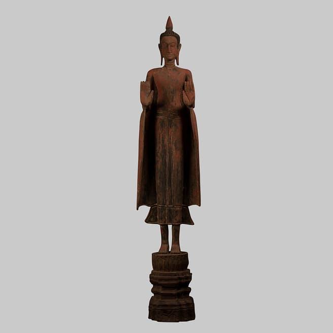 Eastern Treasures Antique Khmer Style Wood Standing Protection Monday Buddha Statue