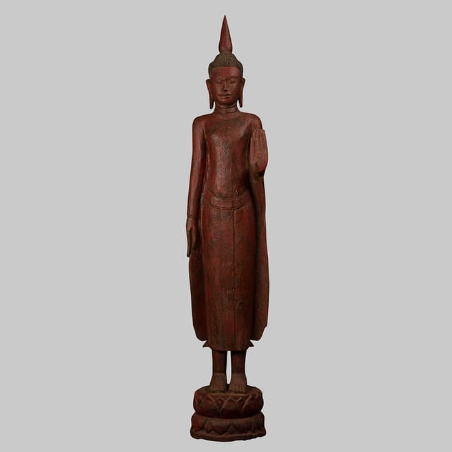 Eastern Treasures Antique Khmer Style Wood Standing Protection Monday Buddha Statue