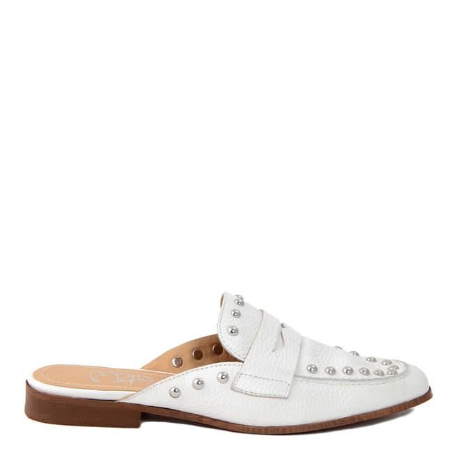 Gusto White Leather Studded Mule Loafer