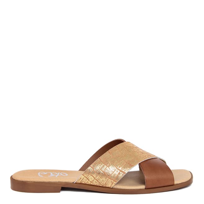 Gusto Gold And Brown Leather Cross Strap Square Toe Sandal