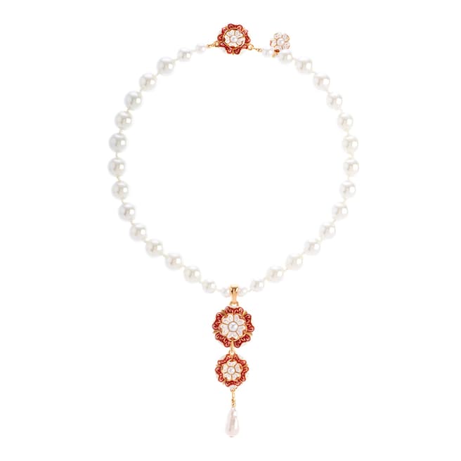 Simon Harrison Red/White Tudor Rose Single Strand Pearl Necklace