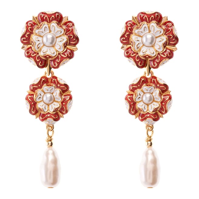 Simon Harrison Red/Gold Tudor Rose Long Drop Earrings