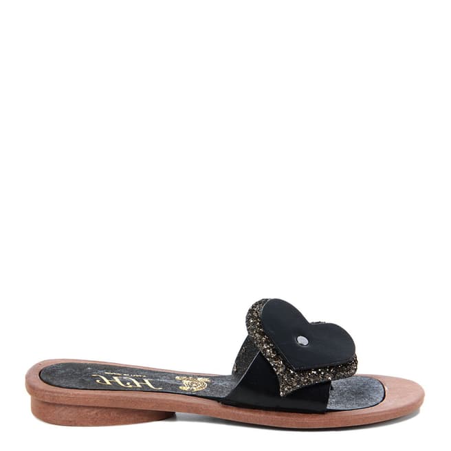 HH Made in Italy Black Leather Glitter Heart Sandal
