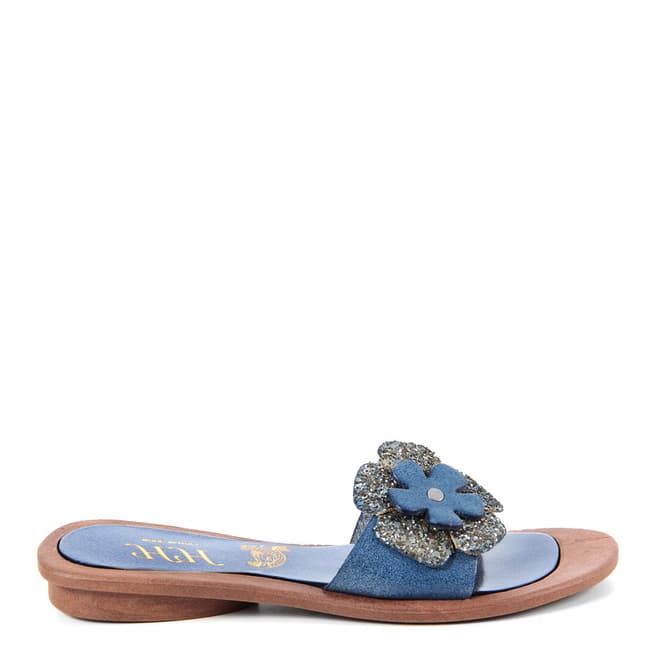 HH Made in Italy Blue Leather Glitter Flower Sandal