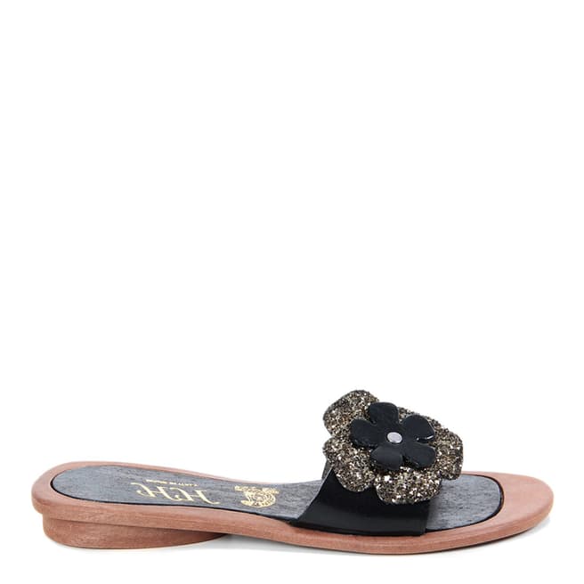 HH Made in Italy Black Leather Glitter Flower Sandal