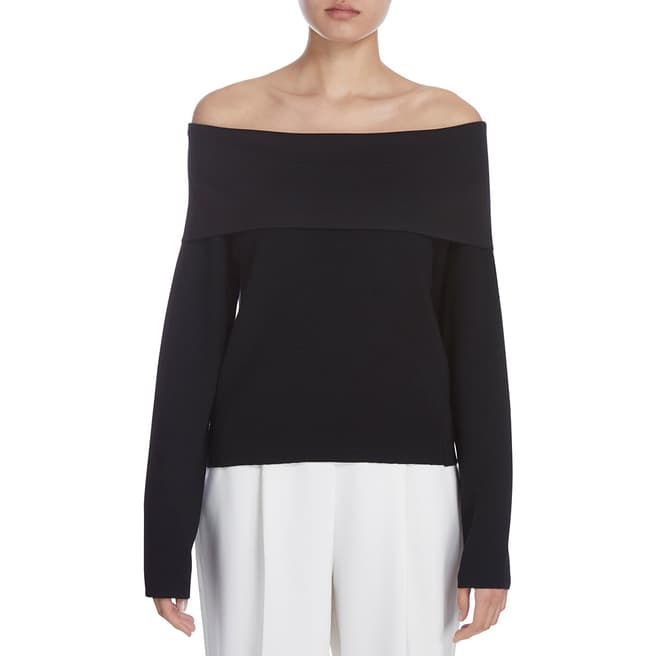 Donna Karan New York Black Long Sleeve Foldover Neck Wool Blend Top