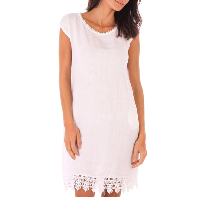 Toutes belles en LIN White Linen Lace Trim Dress