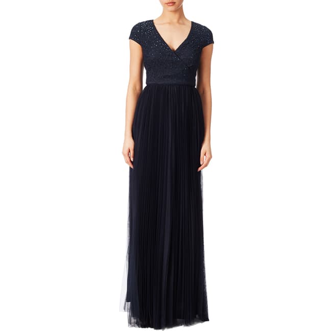 Adrianna Papell Navy Cap Sleeve Beaded Lace V Neck Gown