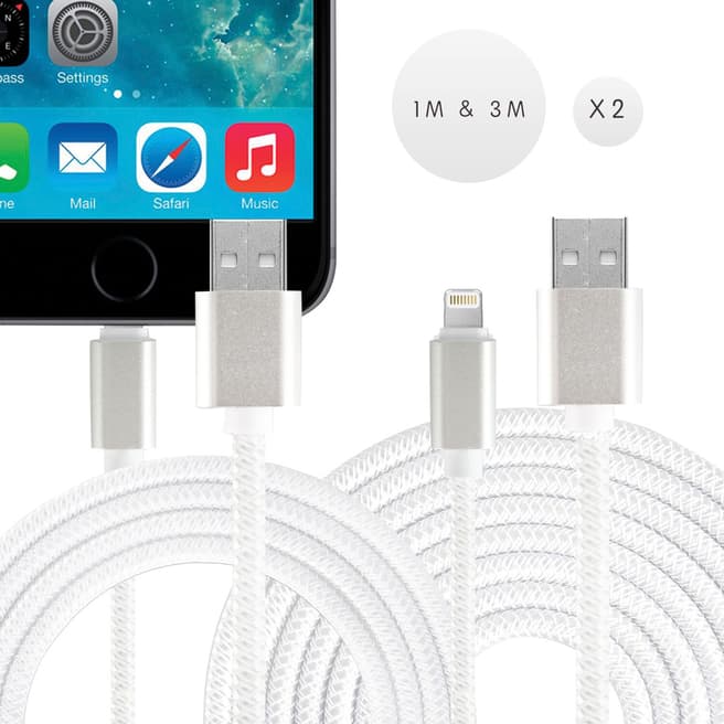 Confetti Set of 2 Premium Strong Braided Sync Data Cables Sub iPhone Cable 5/6/7/8/X - 1m & 3m -  White